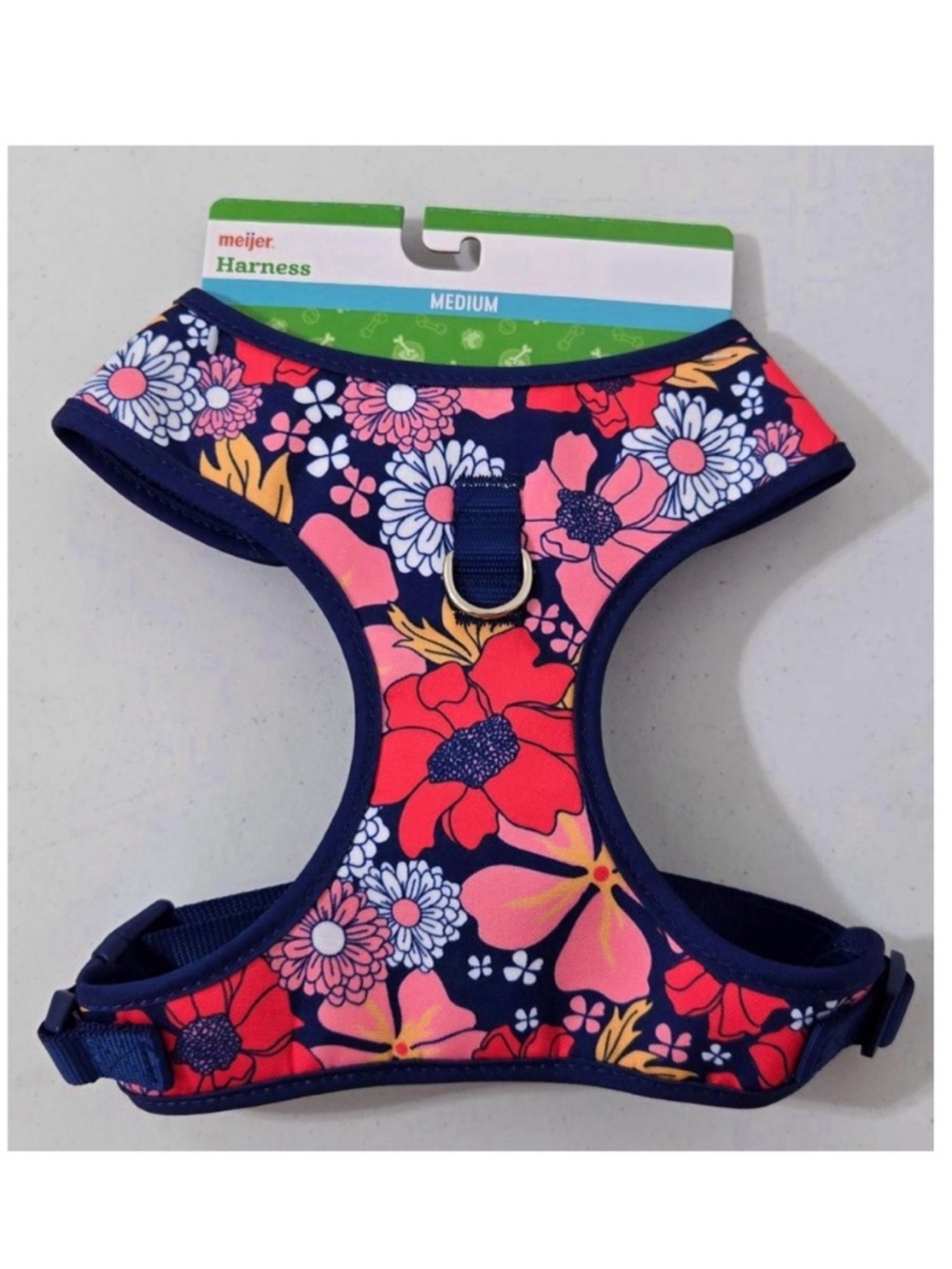 New Dog Harness Pet Medium Animal Blue Pink Floral Adjustable Metal D Ring NWT